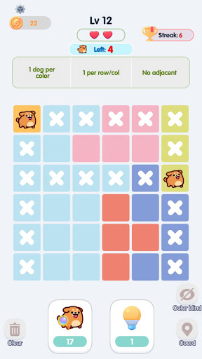 Woofdoku game board with colorful tiles and dog clues