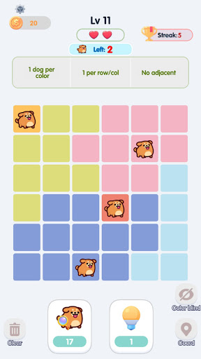 Woofdoku board showing marked tiles and hidden dogs