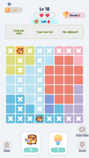 Woofdoku board with colorful blocks and dog indicators